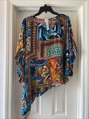 Chicos S/M Boho Patchwork Print Blouse Colorful 3/4 sleeve Tunic Top
